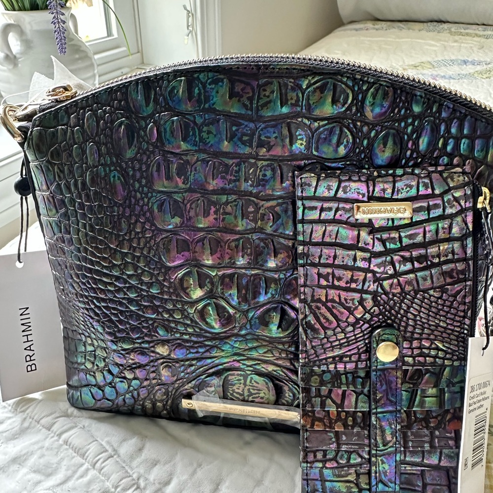Brahmin Black Pearl Multi Color Mini Duxbury & Credit Card Wallet Set-BNWT